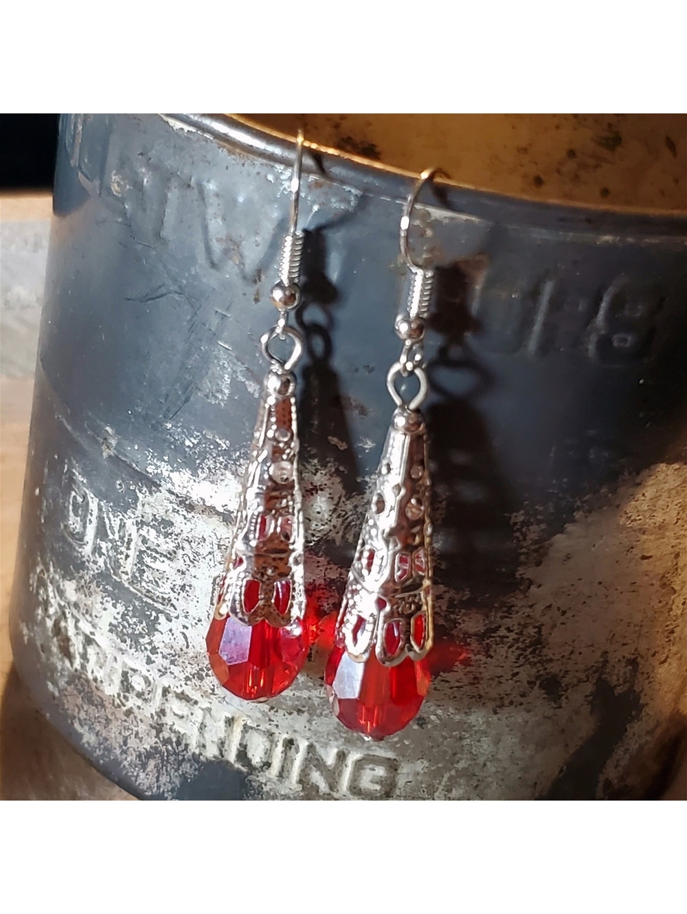 Handcrafted Caged Filigree Faceted Red Crystal Silver Teardrop Earrings